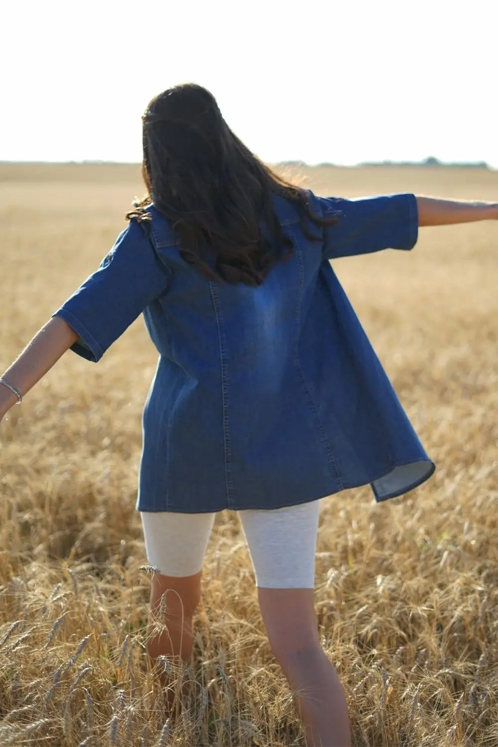 Maternity Extended Cut Denim Blouse (Shirt) with a Notched Collar 898411