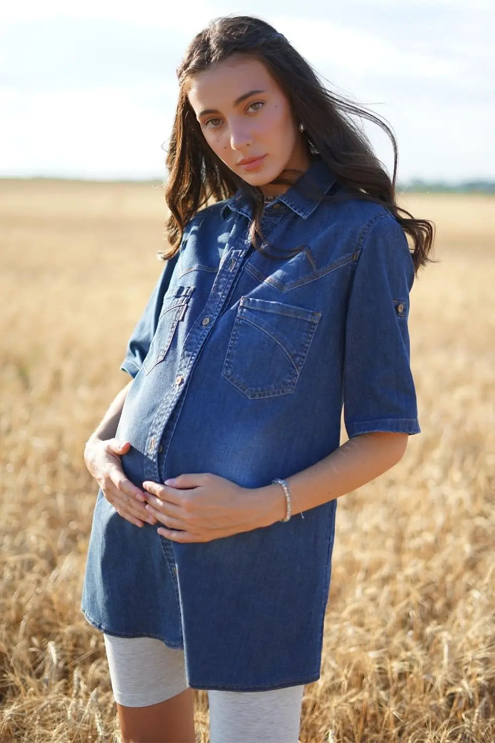 Maternity Extended Cut Denim Blouse (Shirt) with a Notched Collar 898411