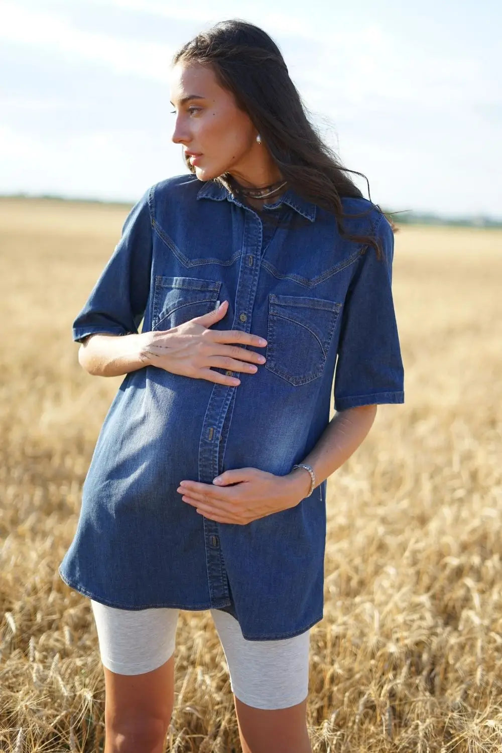 Maternity Extended Cut Denim Blouse (Shirt) with a Notched Collar 898411
