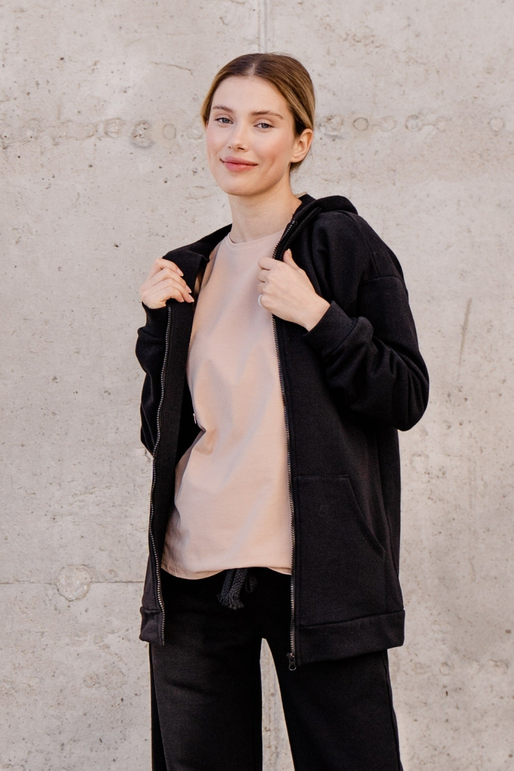 Zip Hoodie with Straight Fit in Natural Cotton for Pregnant and Nursing Moms 4304114