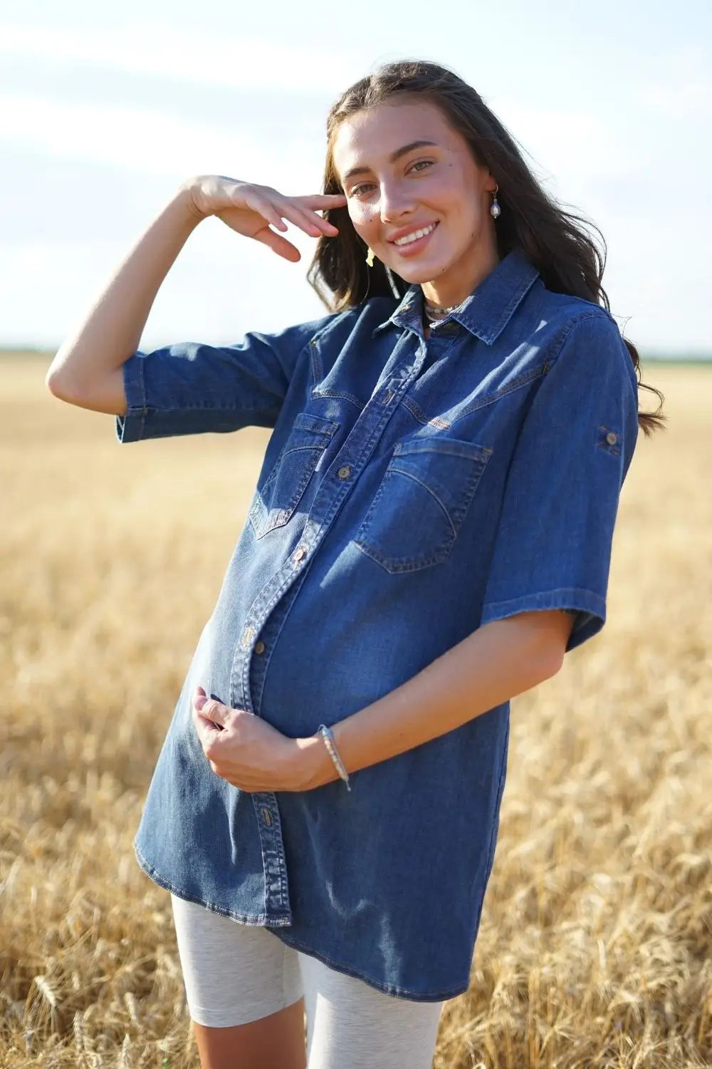 Maternity Extended Cut Denim Blouse (Shirt) with a Notched Collar 898411